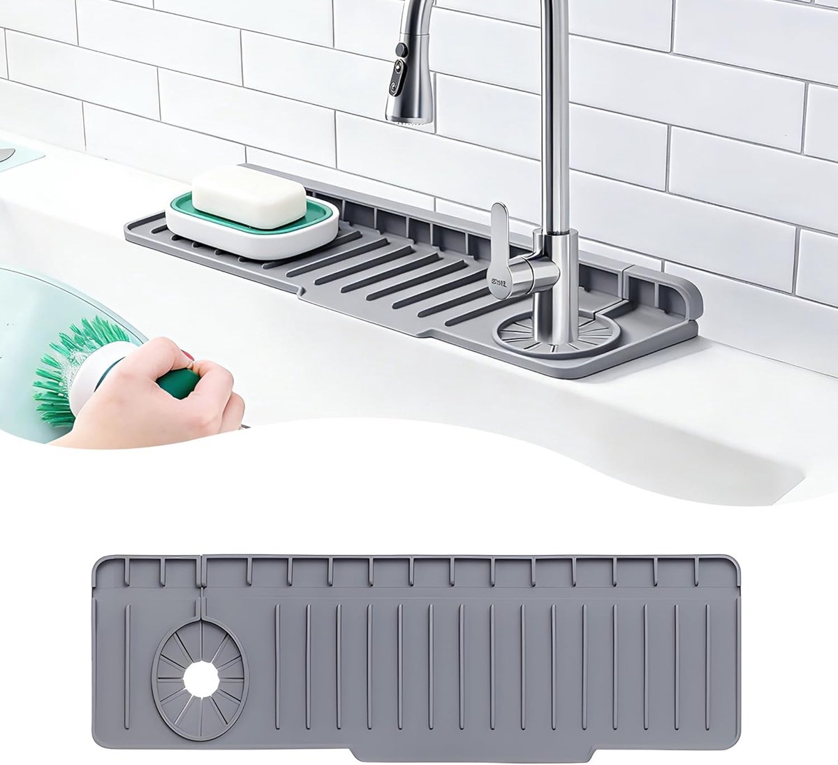 Waterkraanmat, Kraanmat Gootsteen Spatbescherming, Universele Eenzijdige Passvorm Voor Links & Rechts Kraan, Gootsteenmat Spatplaat Voor Keuken & Badkamer (Grijs, 50×15 cm)