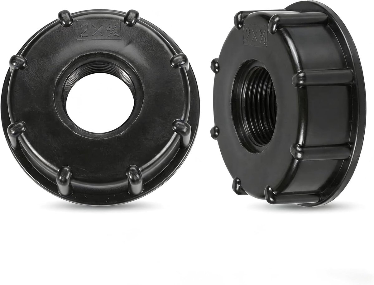 S60 x 6, grove schroefdraad op 3/4 inch binnendraad, tankaccessoire voor 1000 liter watertank, kunststof tankverbinding, regenwatertankadapter voor tuinirrigatie, zwart, 2 stuks