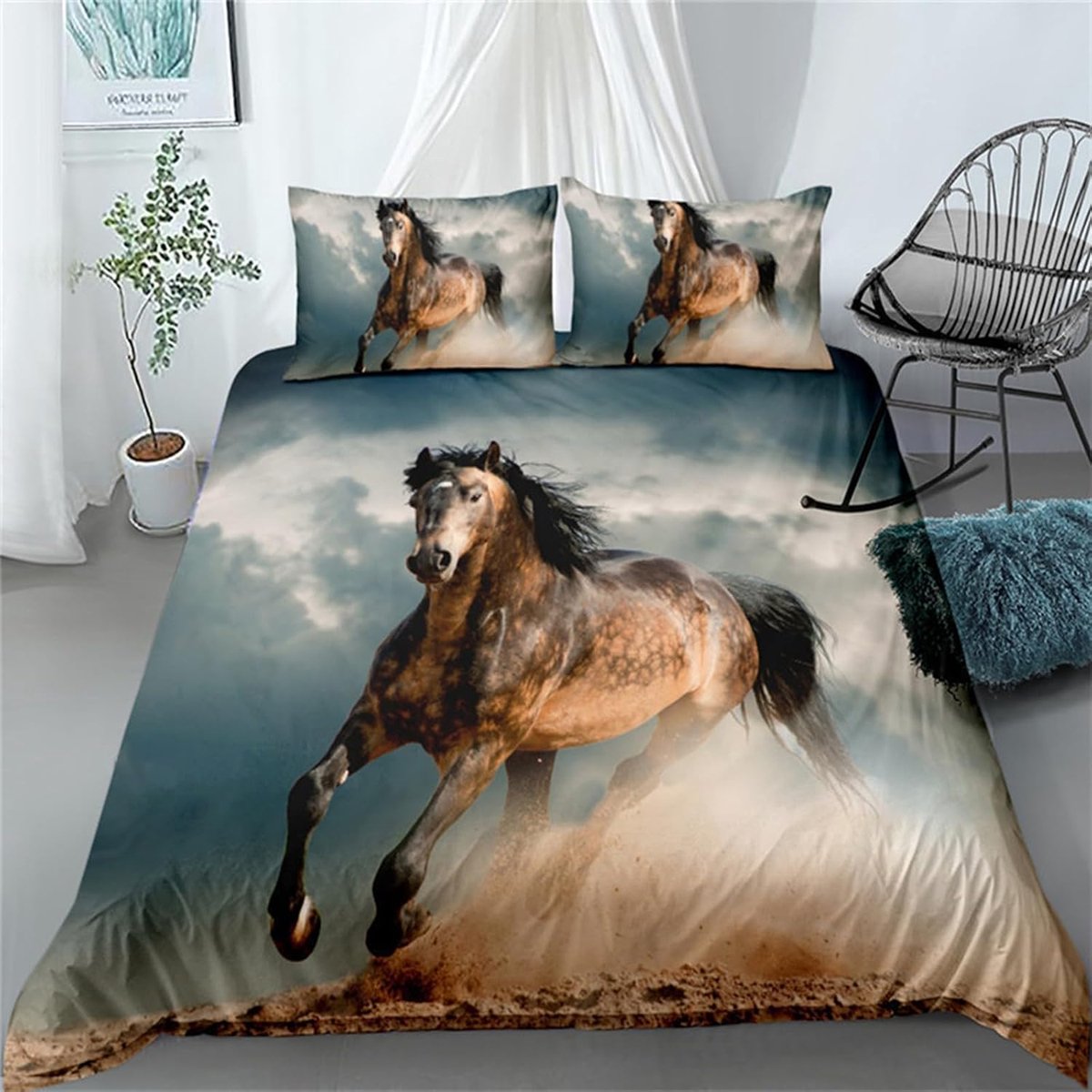 Dekbedovertrek met paardenmotief, kinderbeddengoedset, 3D-print, paardenmotief, dekbedovertrek voor kinderen, jongens, jongeren, met ritssluiting en kussensloop (bruin, 135 x 200 cm)
