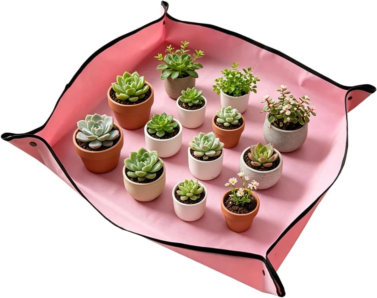 waterdichte verpotmat 1 x 1 m, draagbare binnen- en buitenplantenpotmat voor vetplanten en kamerplanten, gemakkelijk schoon tuinzeil (roze)