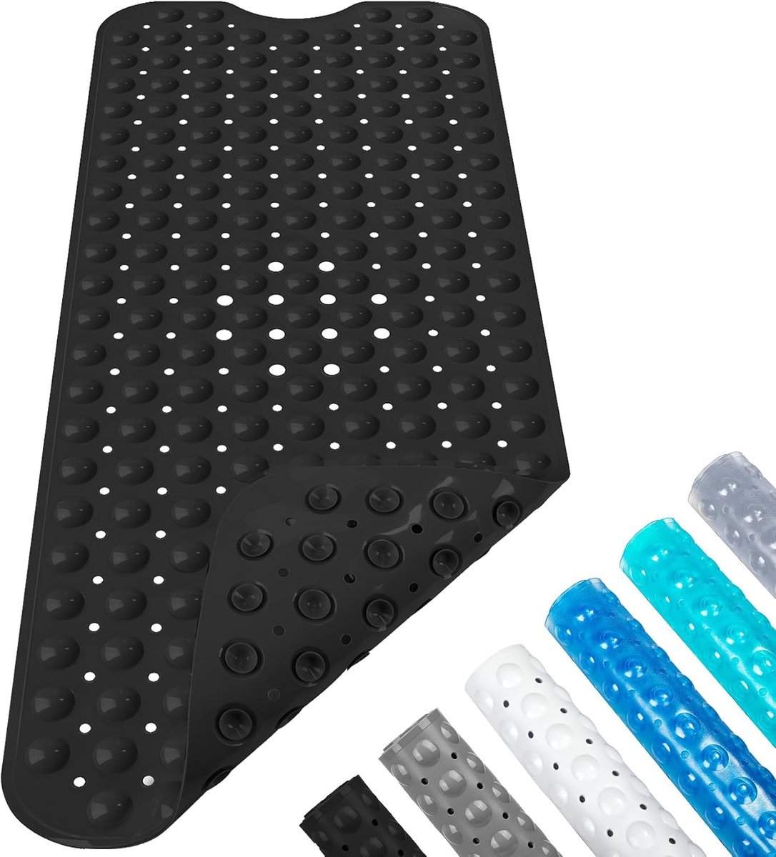 badmat voor bad en douche, 100 x 40 cm, extra lang, met zuignappen, universeel voor badkamer, van pvc, antibacterieel, schimmelbestendig (zwart)