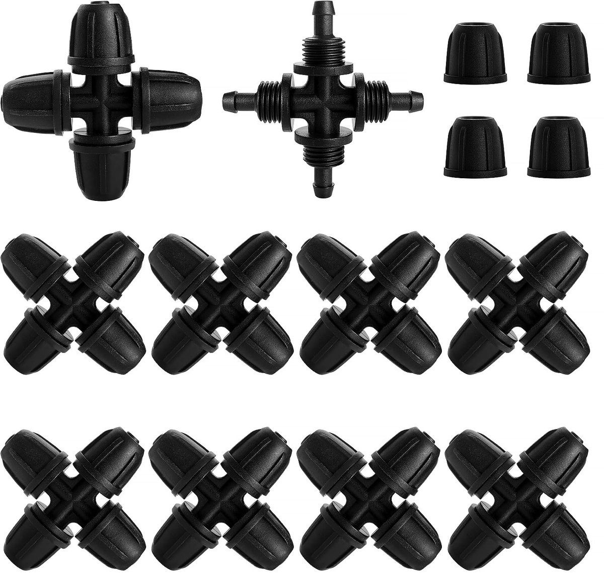 10 Stuks 4/7mm Druppelirrigatie Fittingen, 4-Weg Koppeling met Vergrendeling voor Verhoogde Tuinbedden, Boerderijen, Gazons, Kas en Landbouw
