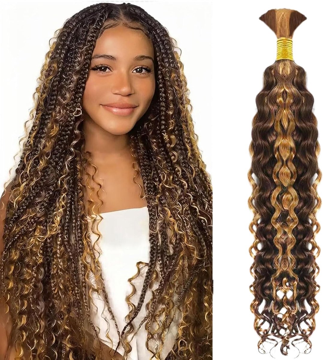 Braiding Hair 1 Bundle Water Wave Bulk Human Hair for Braiding 100% Unprocessed Brazilian Human Hair No Weft Highlight P4/27 Human Hair Extensions for Boho Braids (16 inch/50g)