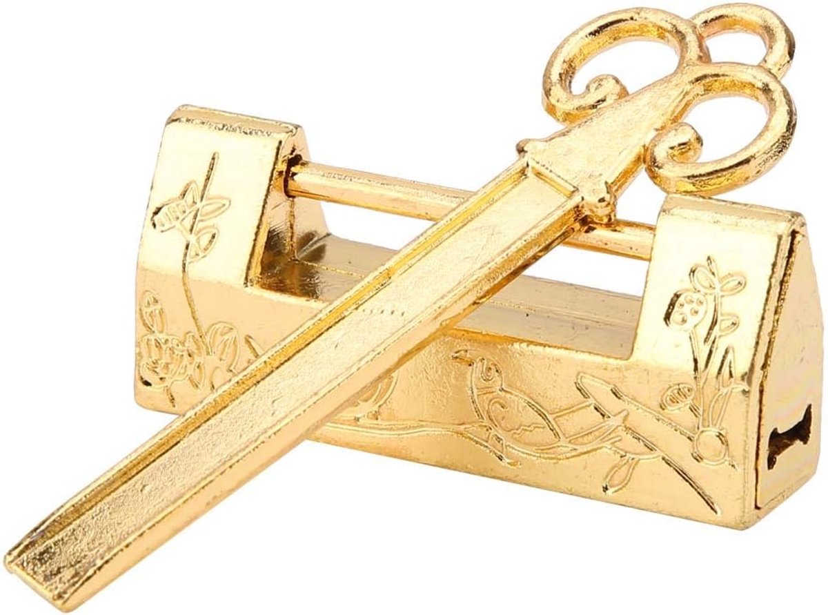 Chinese mini-sleutel met bloemen, met hangslot, Chinese stijl, voor meubels vintage hangslot (goud)