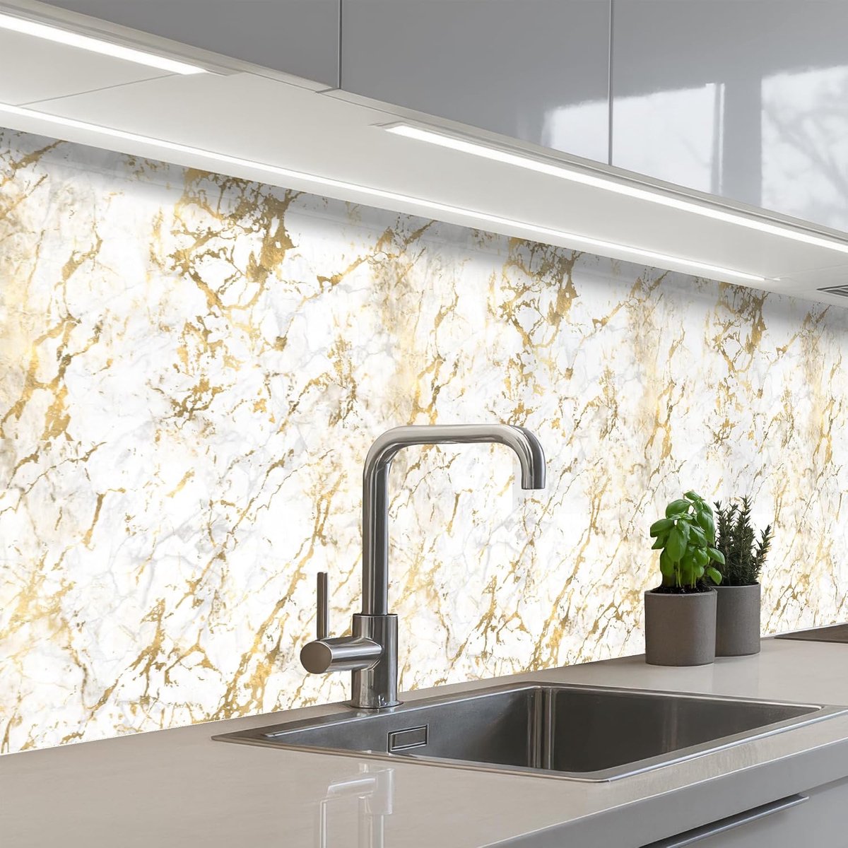 keukenachterwand 60x300 cm zelfklevend keuken decoratie accessories home kitchen spatscherm Goudspatten - Wit - Marmer