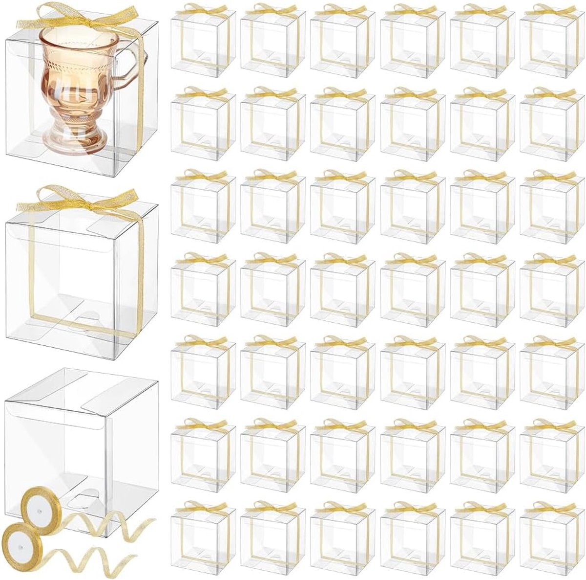 PandaHall 50 stuks beker-geschenkdozen 10 x 10 x 10 cm heldere geschenkdozen met 50 meter gouden tumbler-verpakkingsdozen voor kopjes, verjaardagsfeestje, bruiloft
