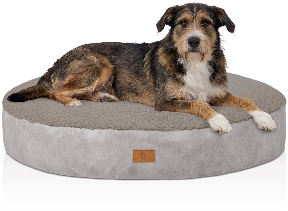 Knuffelwuff rond hondenbed Bolster van knuffelzachte teddystof met zijwanden in suède-look Ø100cm Lichtgrijs