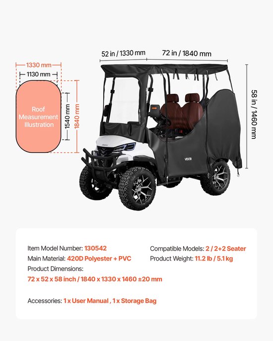 VEVOR Golfkarhoes Gemaakt van 420d Oxford-Stof voor 2- en 2+2-Zits Golfkarren, Beschermhoes voor De Meeste Golfkarren van Club Car, Yamaha, Ezgo en Honda, Pvc-Coating en Winddicht Ophangsysteem — afbeelding 3