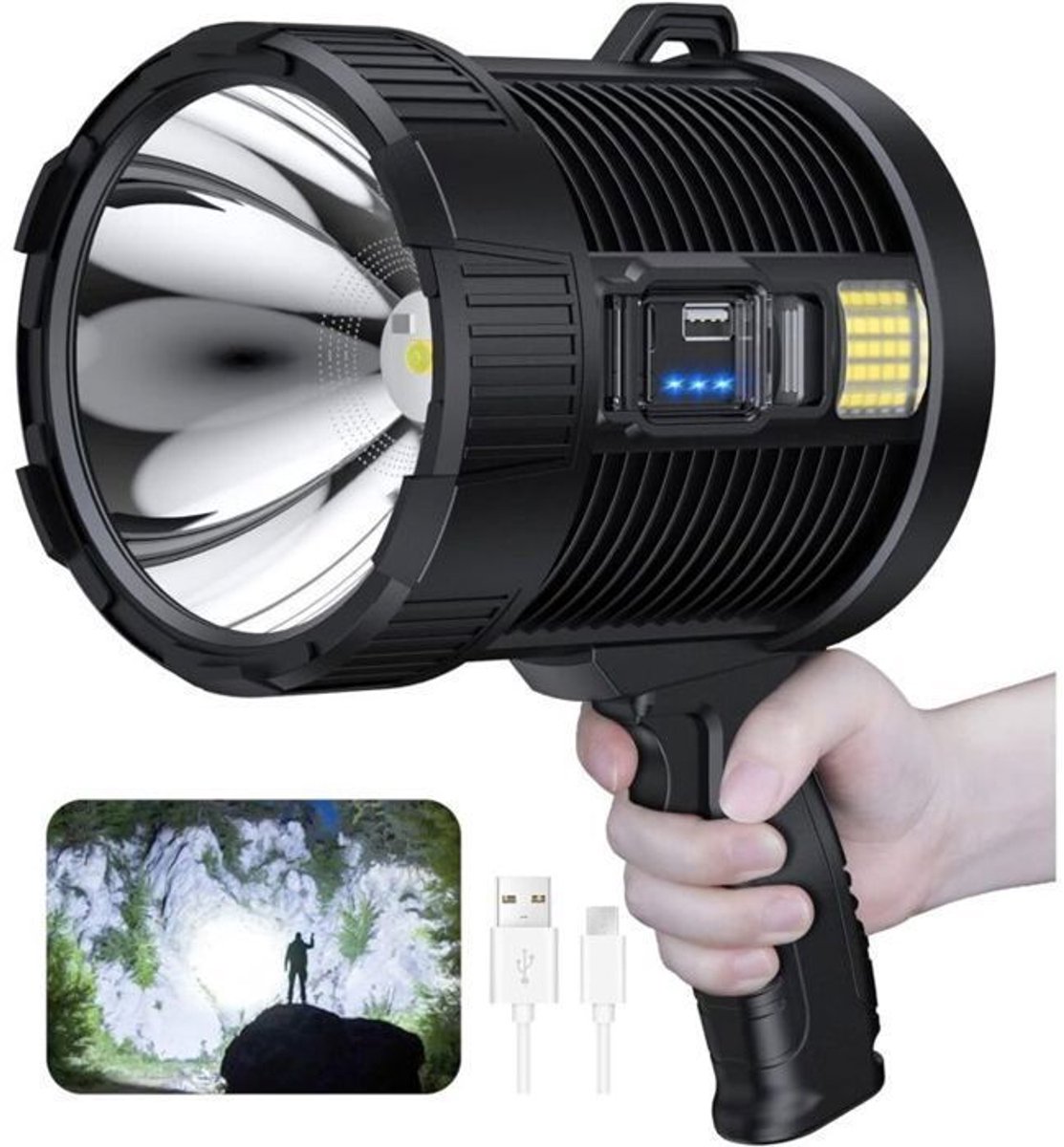 Deze krachtige, oplaadbare zaklamp heeft een helderheid tot 100.000 lumen, een straalbereik tot 800 meter, een IPX5 waterdichtheidsclassificatie, 6 standen en functioneert tevens als powerbank.