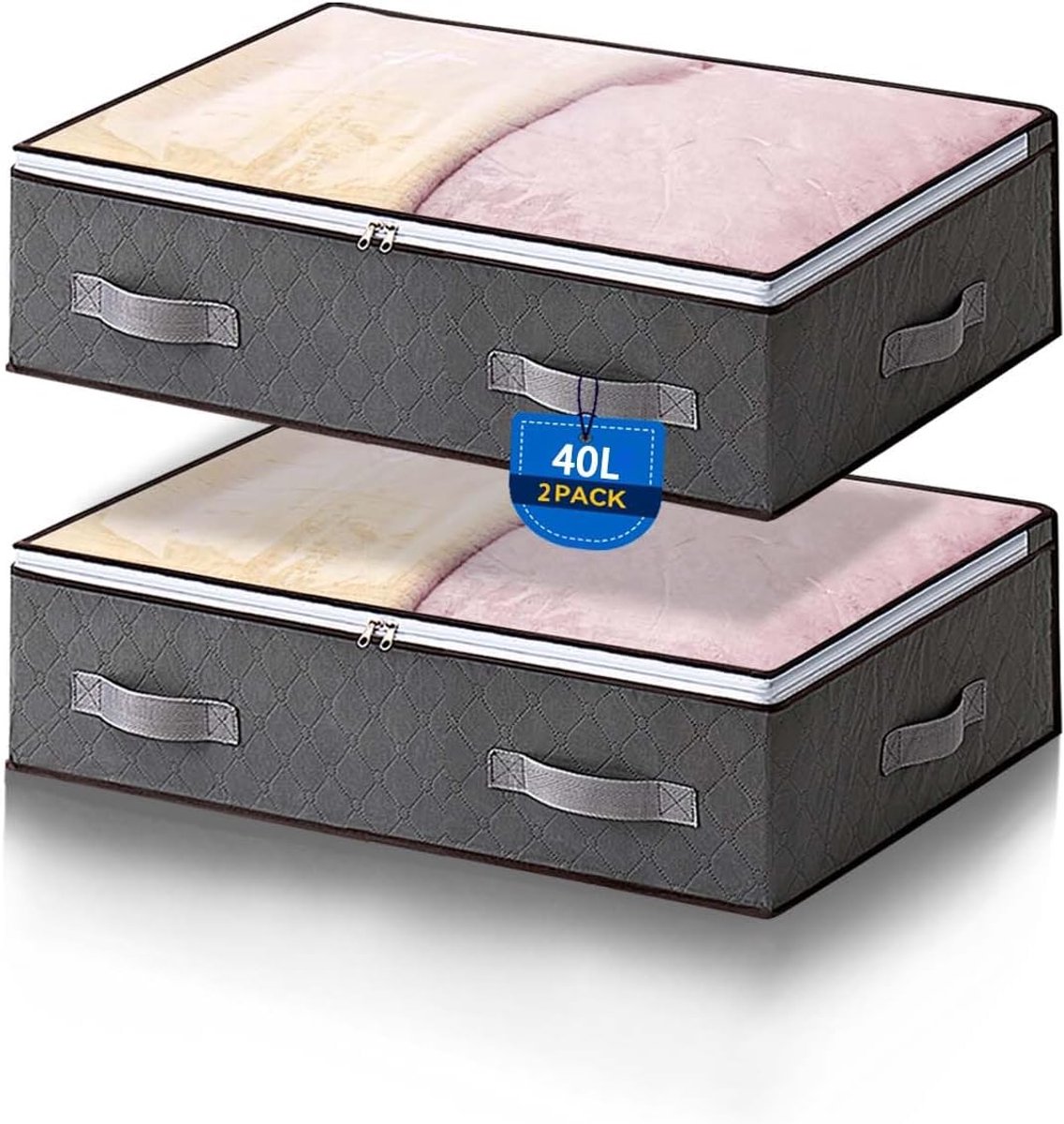 2 stuks 40 liter opbergdozen voor onder het bed, opbergdozen voor onderbed met deksel, opvouwbare kledingopbergzakken met ritsen en handvat, doorzichtig venster, onderbedopslag voor kleding