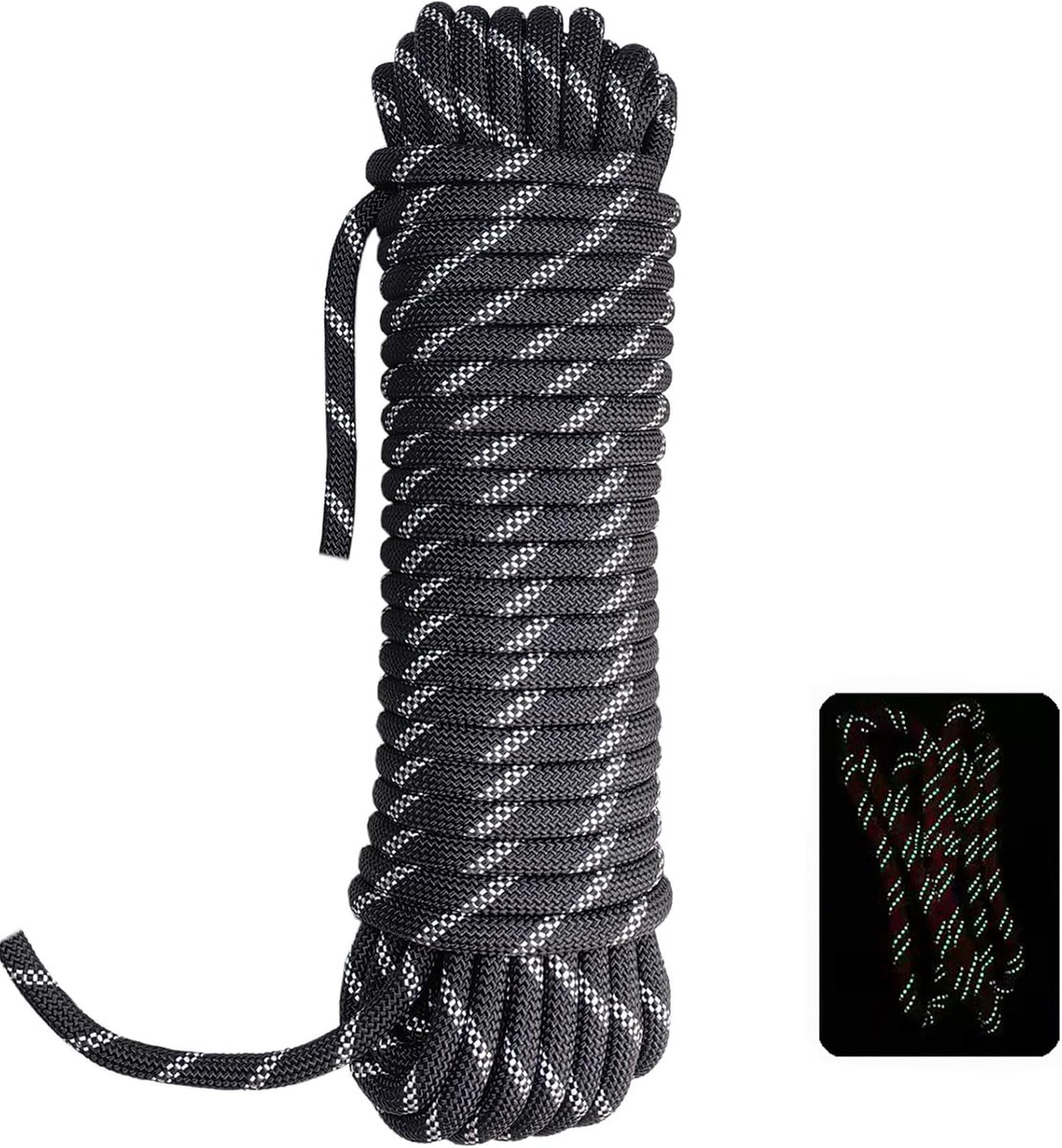 Touw, 10 mm x 20 m, reflecterend, touw voor landbouw, tuinbouw, reeplijn, anker, vastmakertouw voor boottochten, ankers, kamperen, tentoverkapping (zwart, 10 mm-20 m)