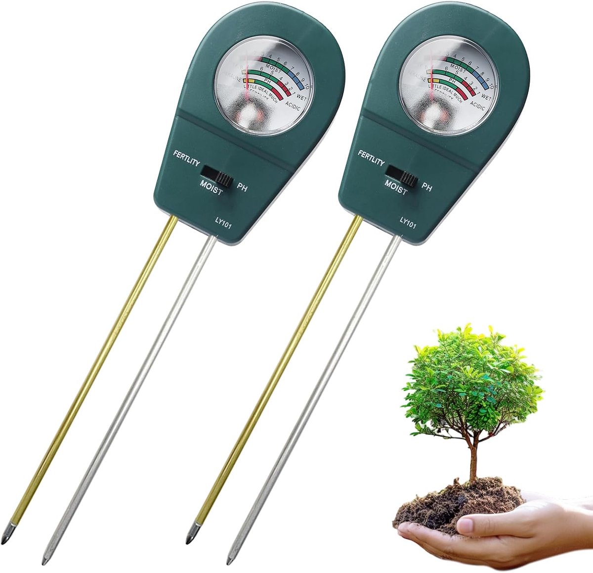 Bodemvochtigheidsmeter voor planten, 3-in-1 bodemtester met PH/vocht/bodemvruchtbaarheid, vochtmeter voor gazon, tuin, landbouw en buitenplanten, 2 stuks