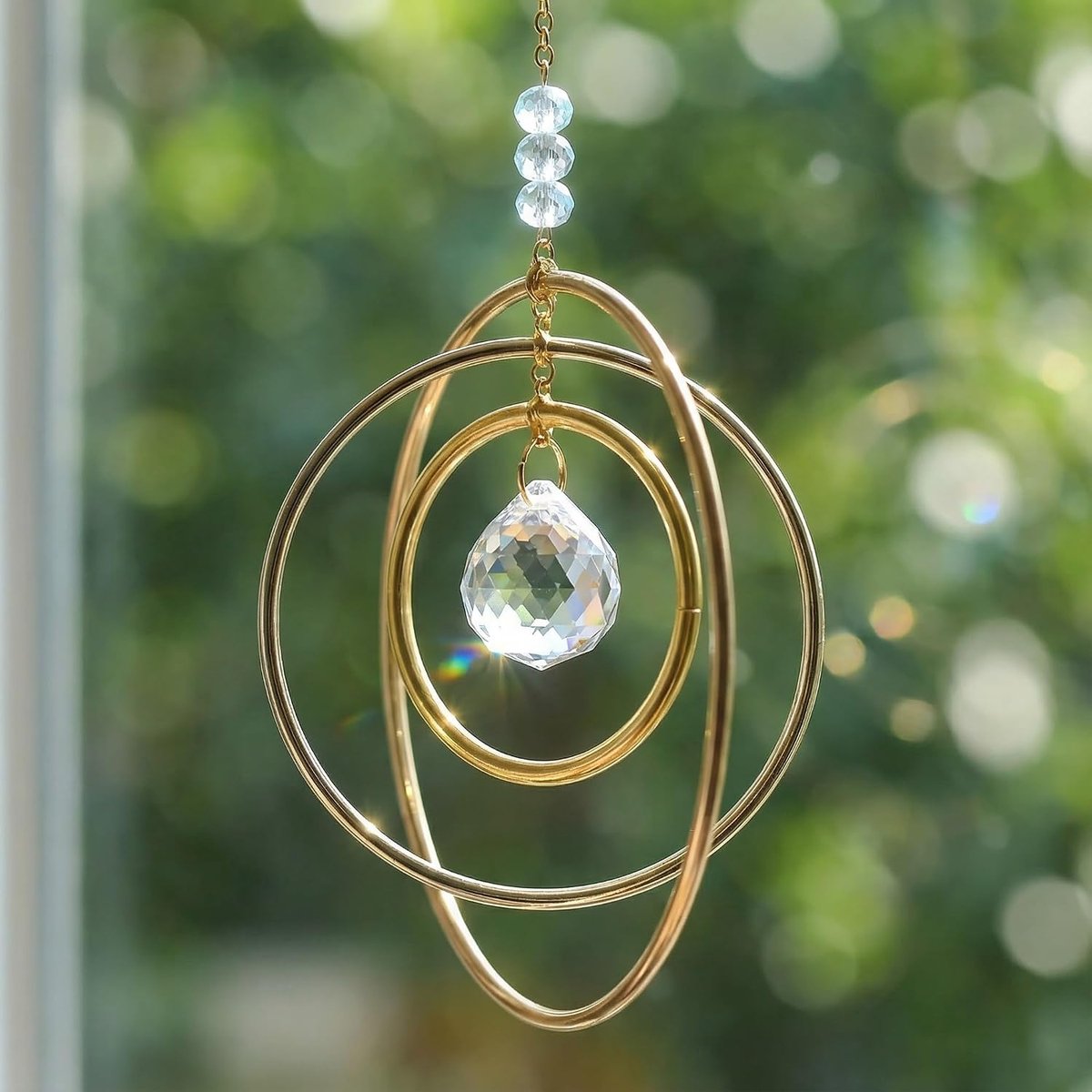 zonnevanger voor ramen met 3 roterende messing ringen, regenbooglichtspel, prisma, hangdecoratie voor woonkamer, balkon, tuin, elegante kamerdecoratie
