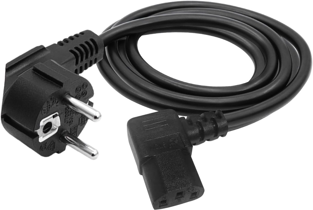 schuin, koudapparaatkabel 90 graden zwart, 3 x 1,0 mm² netkabel, geaarde stekker type F CEE 7/7 naar C13 bus, gebogen, voor pc, monitor, tv, printer (rechts 2 m)