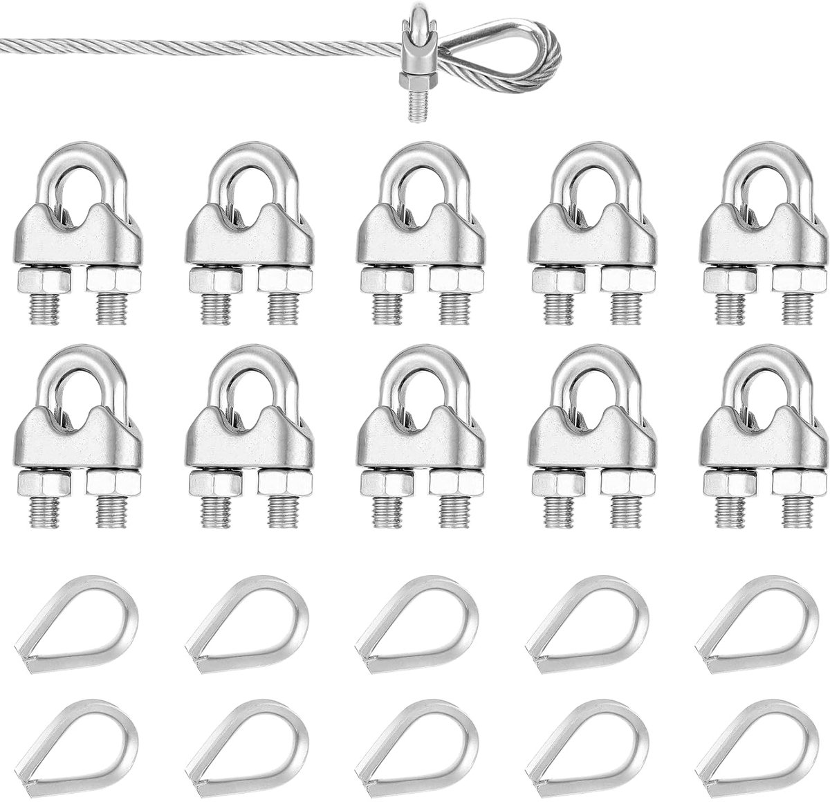10 stuks M4 kabelklemmen + 10 stuks M4 kabelklem draadkabelklem 4 mm voor draadkabel 4 mm, voor de bevestiging van wasrekken, luifels enz
