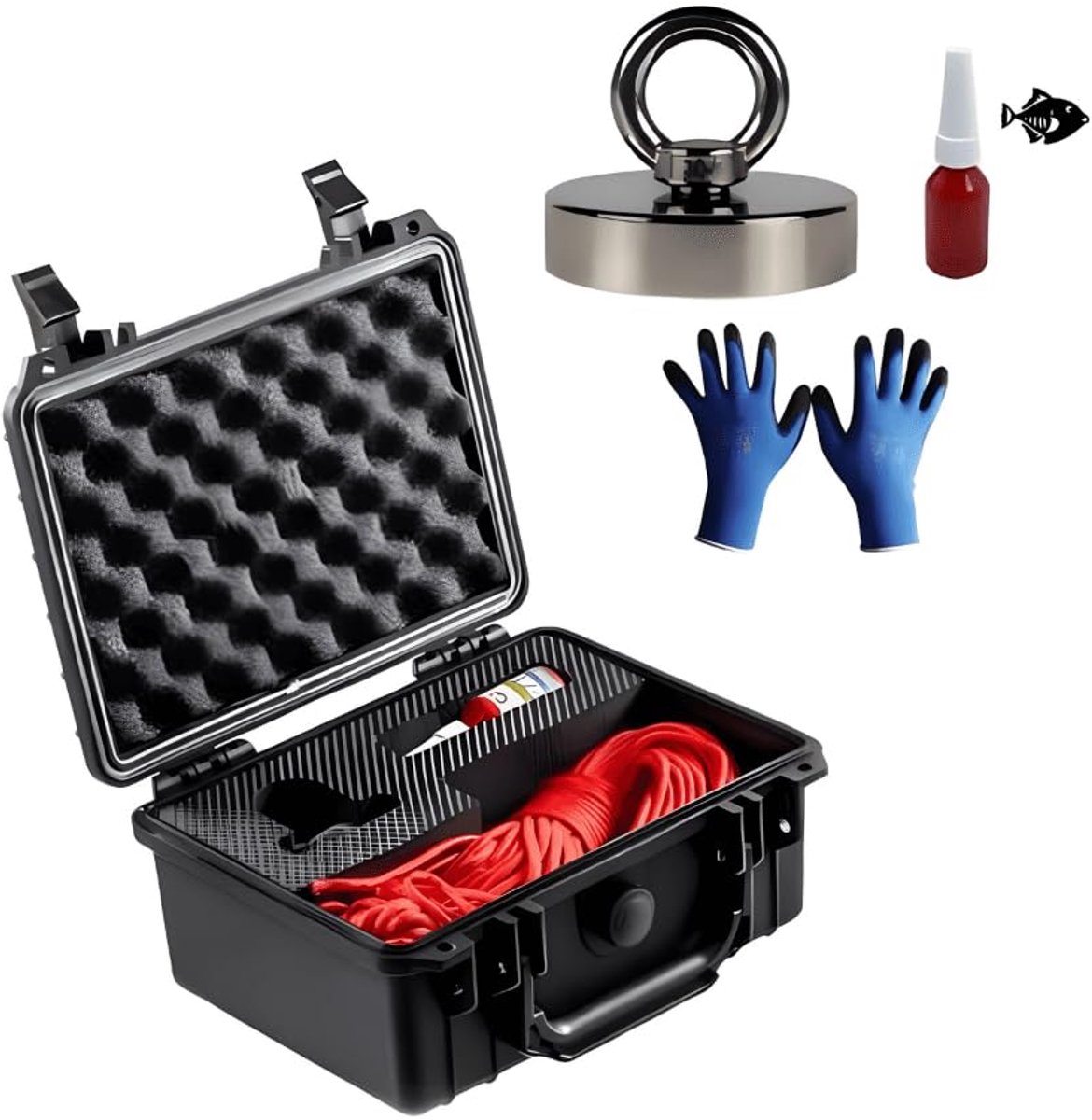 250kg Kofferset Magneetvissen Set – Complete Vis Magneet Kit met Opbergkoffer, Touw, Handschoenen & Accessoires – 180kg tot 1100kg – Neodymium Vis Magneet Set (250kg-The Triggerfish)