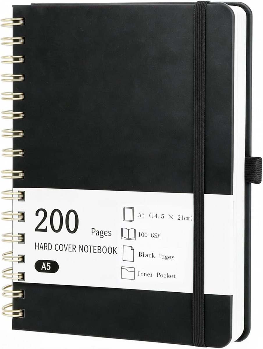A5 Spiraalnotitieboek, 200 pagina's, PU-lederen hardcover, blanco pagina's, notitieboek zonder lijnen voor tekenen, schetsen en notities (zwart)