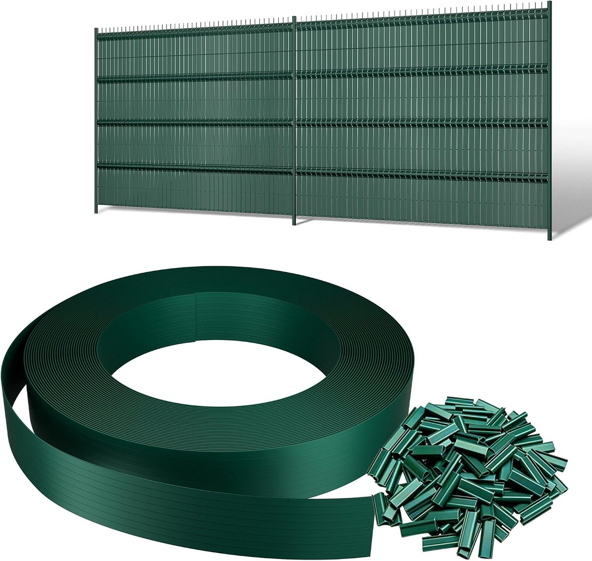 35 m x 4,7 cm zichtwerende strips voor dubbele staafmatten, pvc, inkijkbescherming, omheining, rol voor tuin, balkon, terras, groen, incl. 50 clips