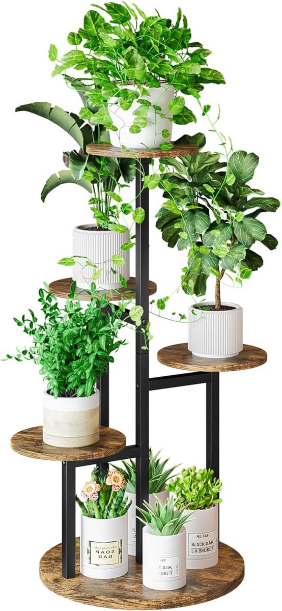 Plantenstandaard voor gebruik binnenshuis, 5-traps plantenrek, houder voor meerdere bloempotten voor woonkamer, terras, tuinieren, wooncultuur (zwart + rustiek bruin, 5-traps)