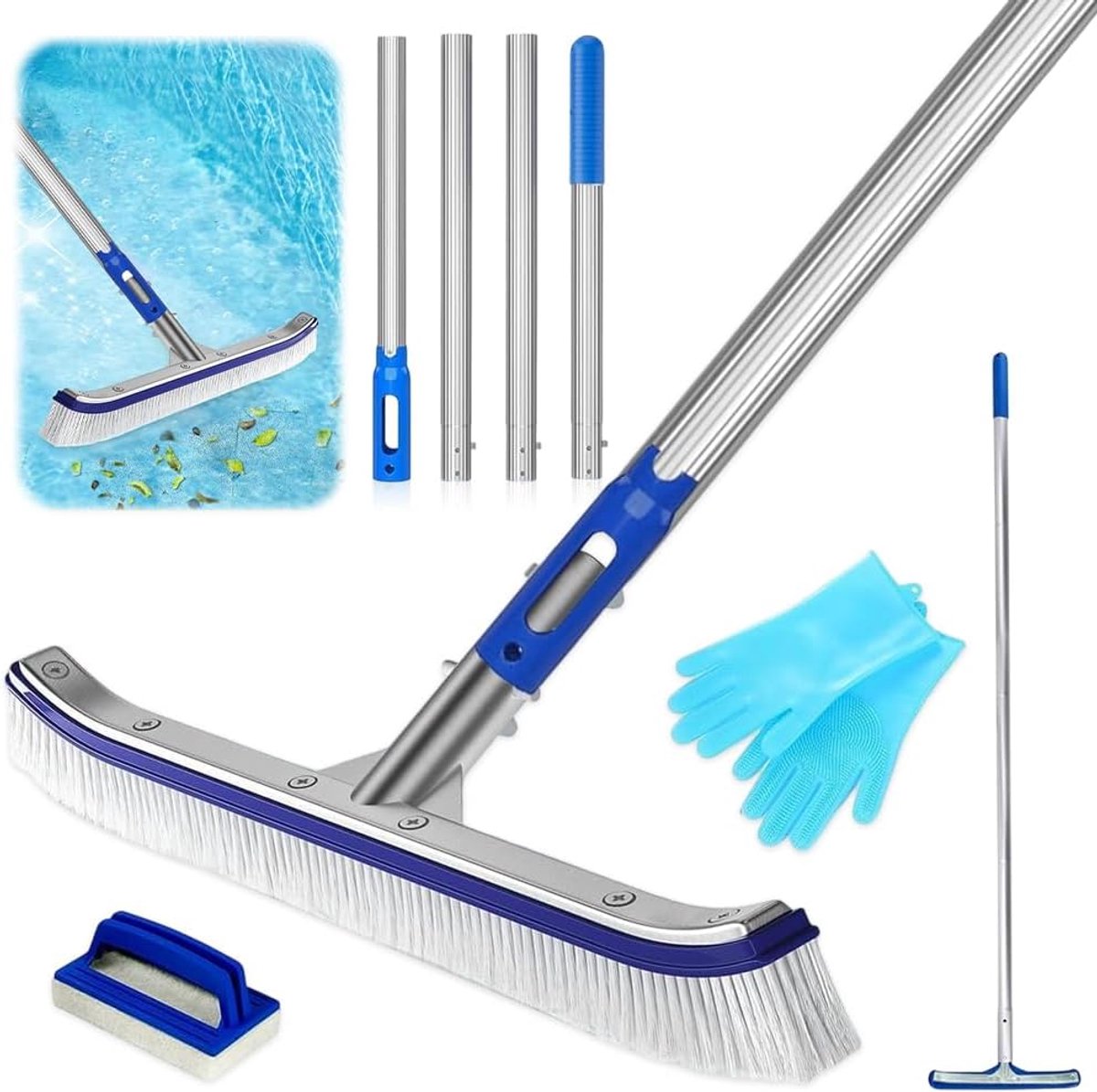 Zwembadborstelset, zwembadborstel met steel 152 cm lang, zwembadreinigingsborstel 43 cm, met washandschoen en spons, borstels voor vijverreiniging