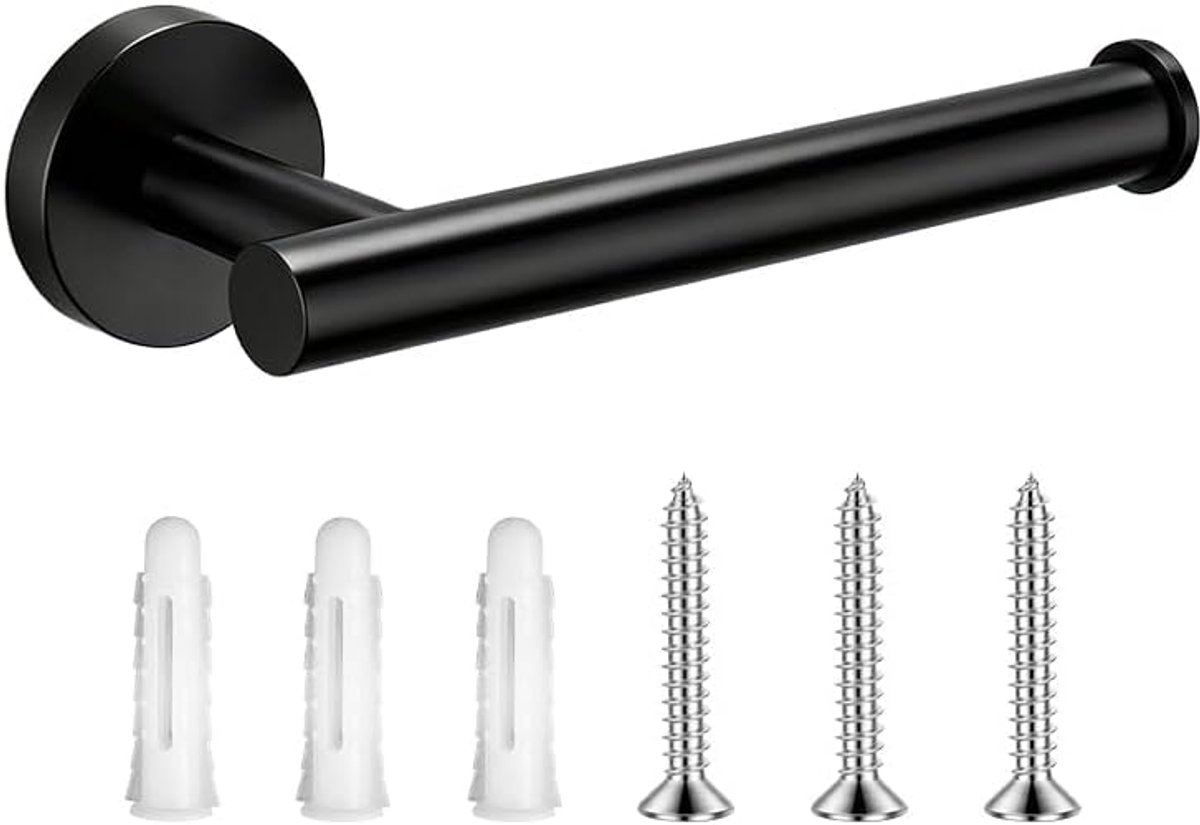 (Black) Toiletrolhouder, wandmontage, handdoekhouder van roestvrij staal, waterdicht, voor badkamer, met anti-rotatie-design, zwart, 16 cm