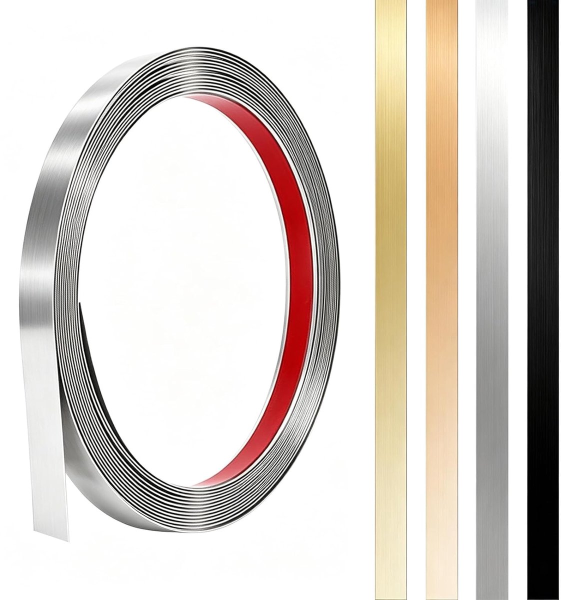 Metalen band, zelfklevend, metalen strips, sierlijsten, roestvrij staal, wandlijsten, schillen en plakken, metalen lijst voor muur, open haard, spiegelframe, plafond, geborsteld zilver, 6 m x