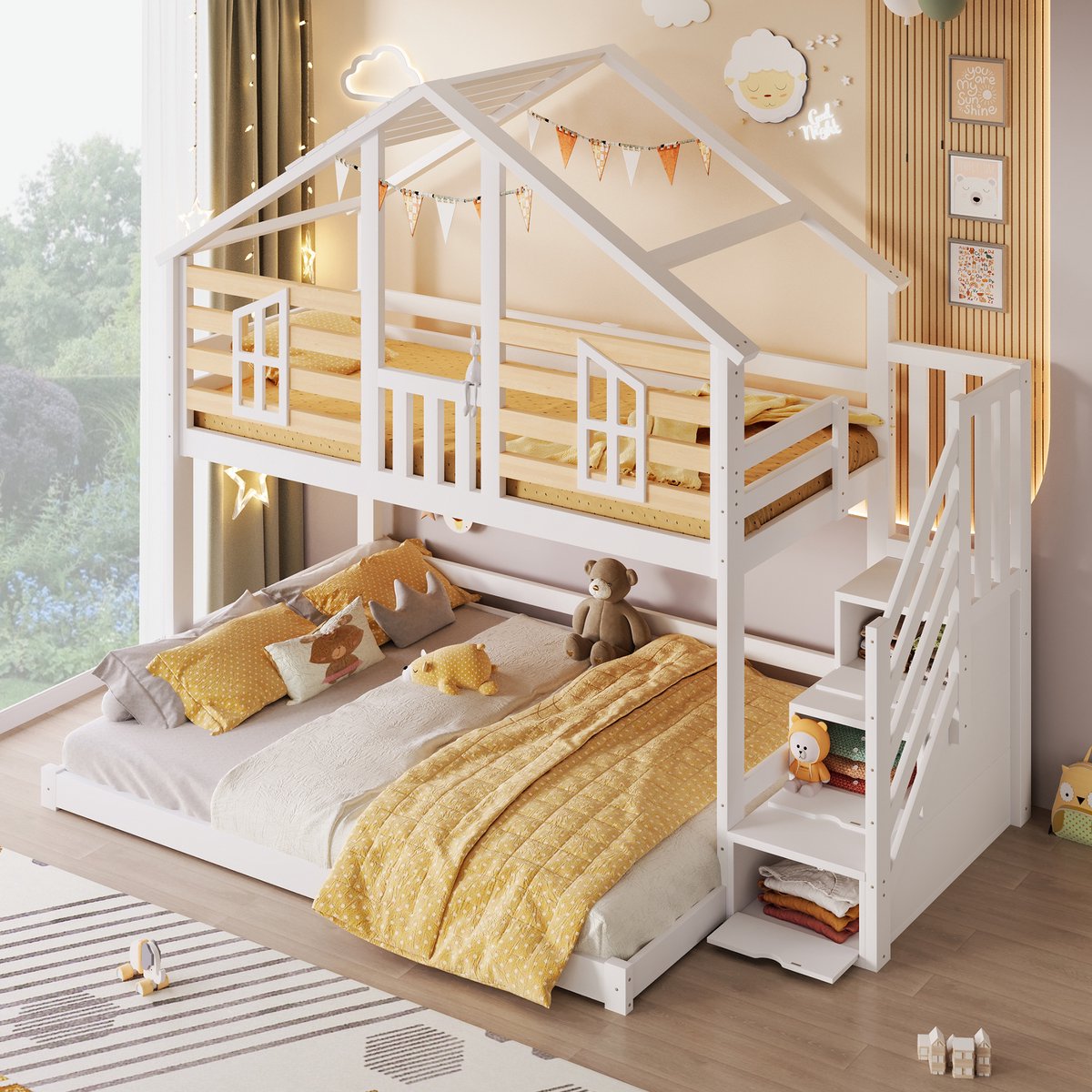 Stapelbed - 90x200 cm - 140x200 cm - huisontwerp - raamvorm - met opbergruimte - wit en houtkleur - zonder matras