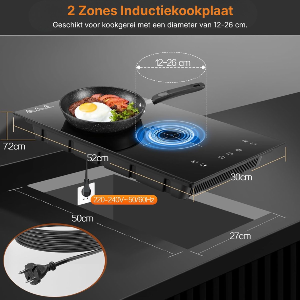 KIRA® Inductie Kookplaat Inbouw - 2 Pitten - Inductiekookplaat - Ingebouwde inductiekookplaat - Zwart - 52cm x 30cm x 8cm