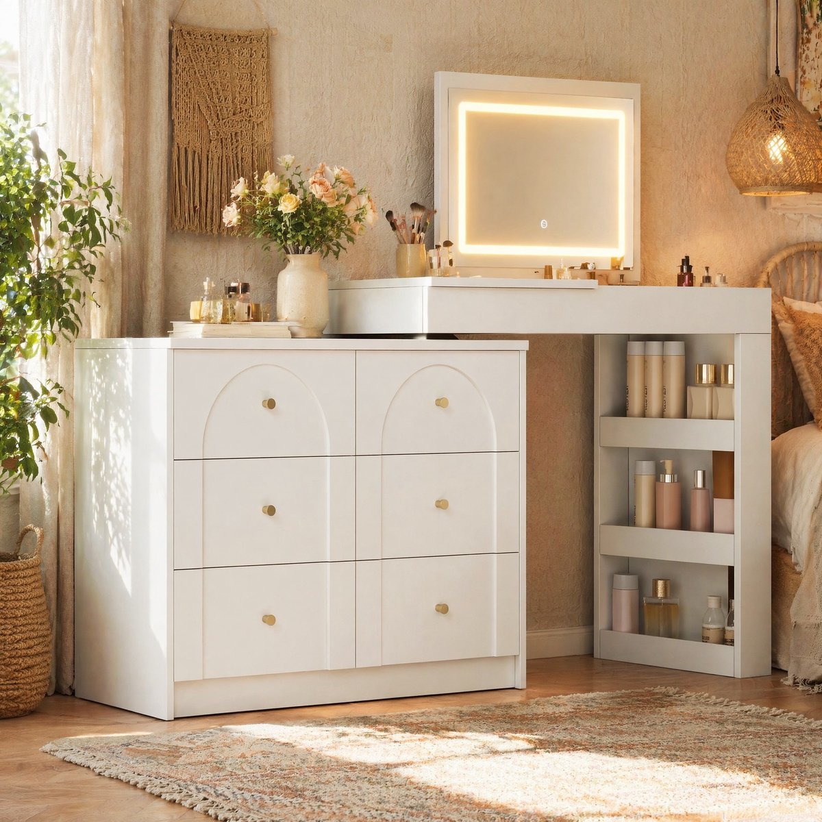 COVREO Draaibare kaptafel 105 x 40 x 80 cm wit met LED-verlichting en veel opbergruimte