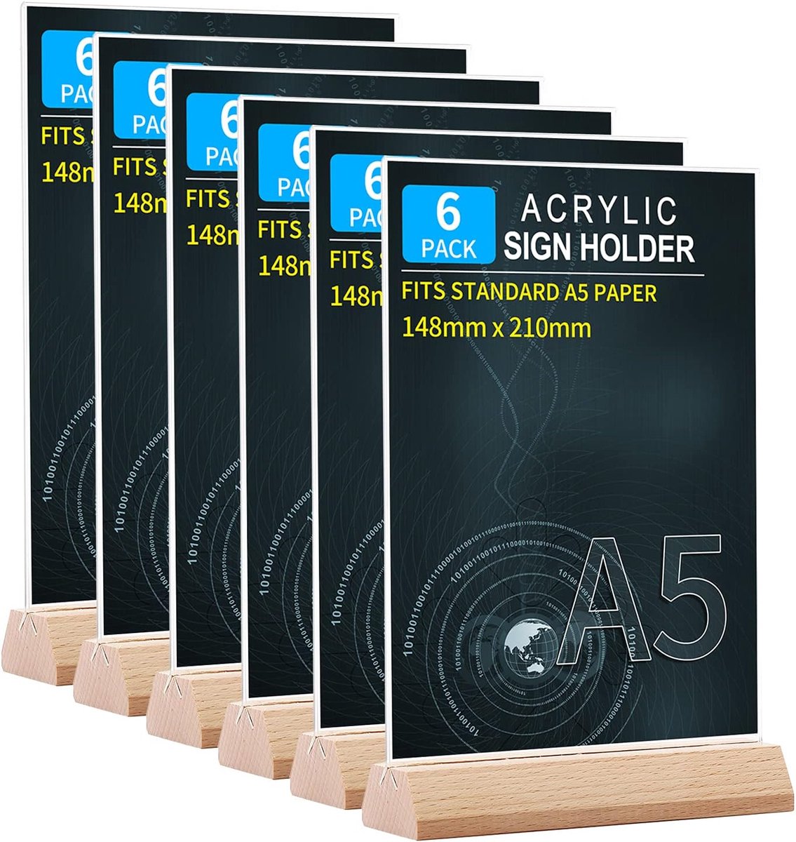 SnelShoppen - A5 Menuhouders Acrylic Tafelstandaard 6 Stuks, Houten Basis, Plastic Display voor Restaurant, Kantoor en Hotel - Ideaal voor A5 Document