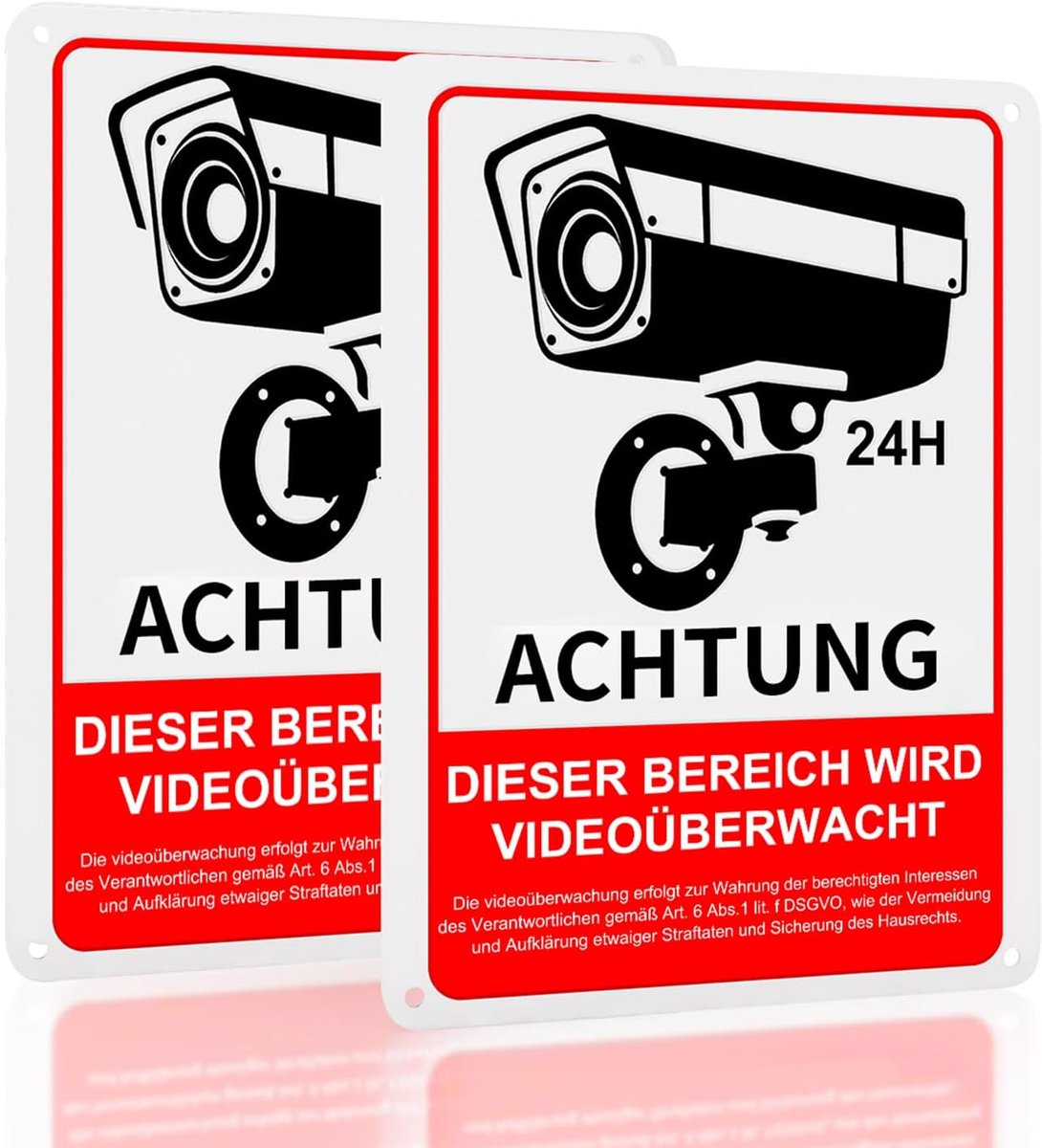 SnelShoppen - 2 Stuks Aandacht Videobewaking Bord Aluminium 18 x 25 cm - Camerabewaking Bord met GDPR Notitie - Waarschuwingsbord voor Privé Grondstuk