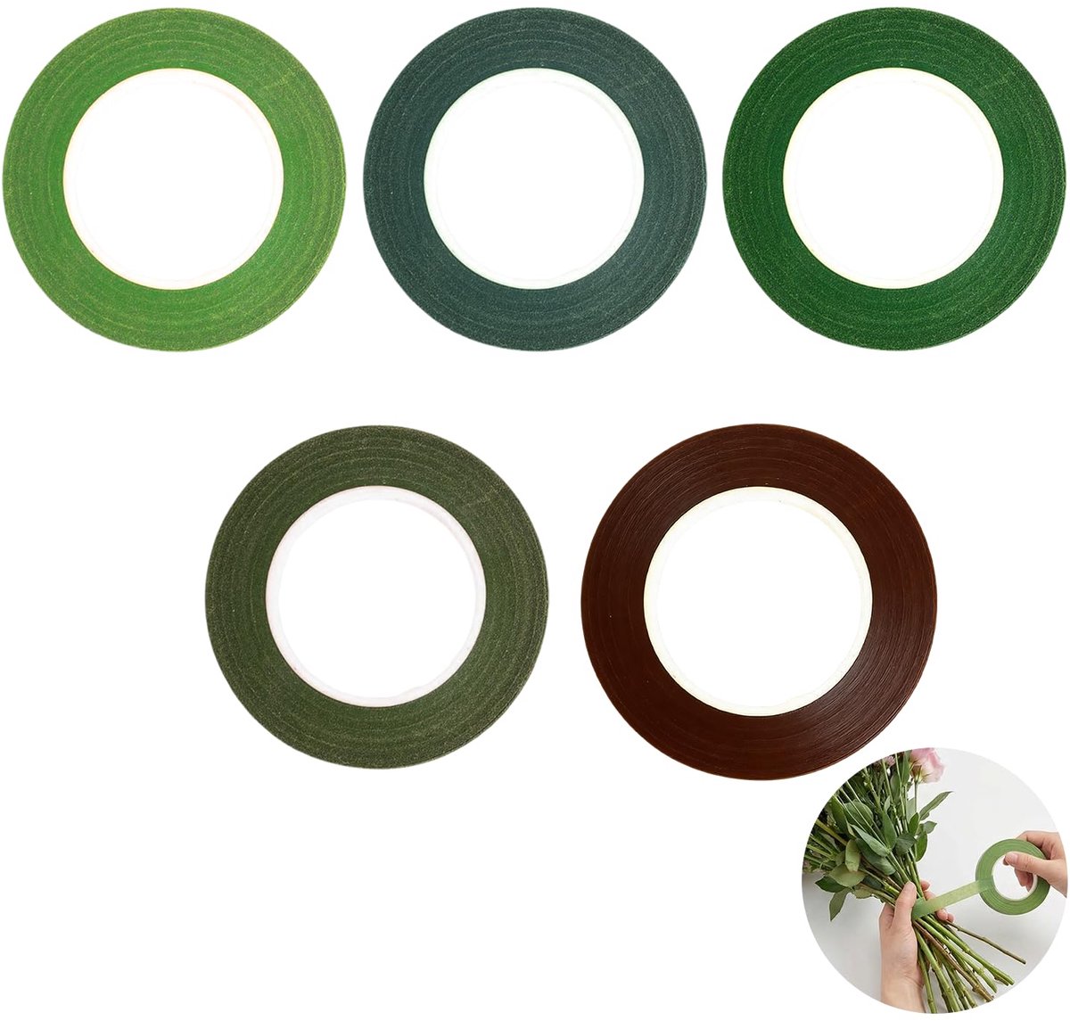 SnelShoppen - 5 Rollen Groen Bloemenlint 1,2 cm x 20 m - Zelfklevend Elastisch Bloemen Plakband voor Bruiloft Boeketten Arrangements Creatief Handwerk