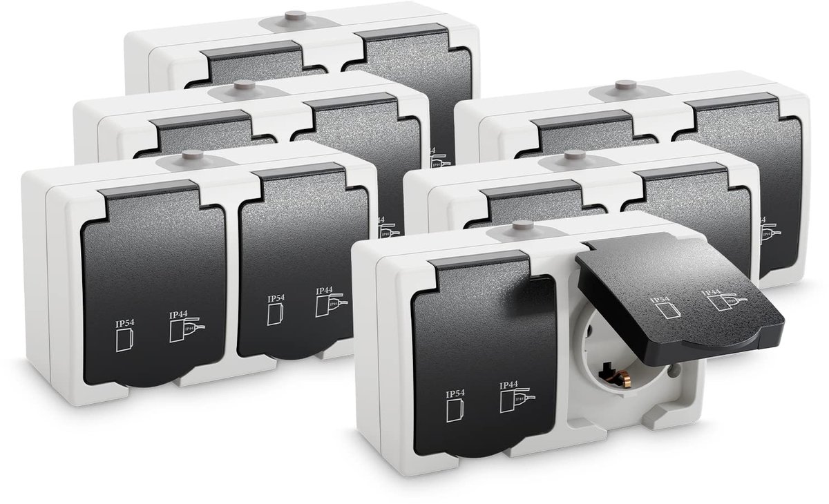 SnelShoppen - Dubbele Waterdichte Wandcontactdoos IP54, 2-Pins, Opbouw, 6-Pack, Ideaal voor Badkamer, Tuin, Outdoor Gebruik, 250V, 16A met Flipdeksel