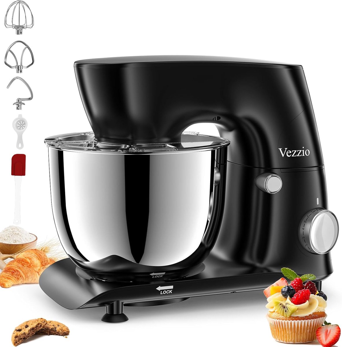 SnelShoppen - Blender 5.5 QT, 10-Weg Kantelkop, Keuken Mixer met RVS Kom, Kneedhaak, Garde, Compact & Lichtgewicht, Zwart voor Thuisgebruik