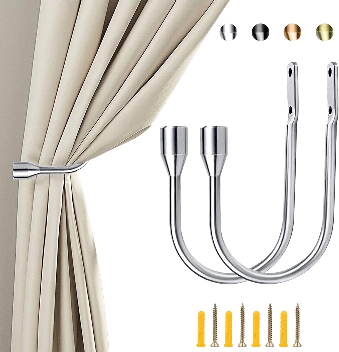 SnelShoppen - 2 Stuks Gordijn Tiebacks Haakjes - Metalen Gordijnsteunen - Zilver - Duurzaam en Sterk - Voor Thuis, Feest, Tuin, Keuken - 155mm x 95mm
