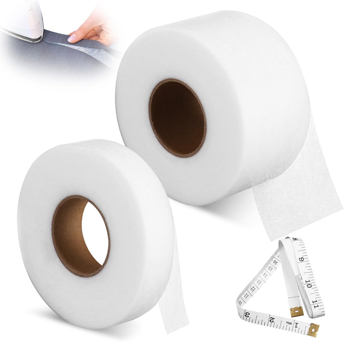 SnelShoppen - 2 Rollen Hem Tape voor Strijkijzer, Katoenen Naad Tape, Zelfklevende Stofband 20 mm x 50 m en 50 mm x 50 m, Inclusief Meetlint, Ideaal v