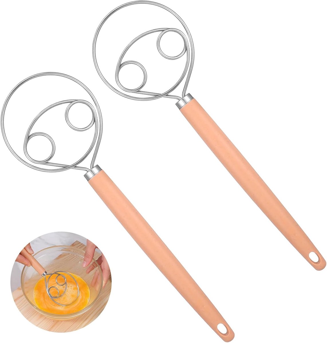 SnelShoppen - Deense Deegklopper RVS met Lange Houten Handgreep, 34 cm, Perfect voor Brooddeeg, Desem, Brood Bakaccessoires, Set van 2