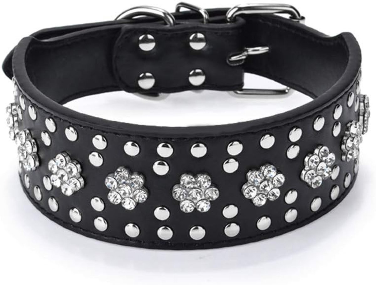 SnelShoppen - Rhinestone Hondenhalsband Bloemenpatroon PU Leer Glanzende Kristallen Diamanten voor Medium en Grote Honden (L)