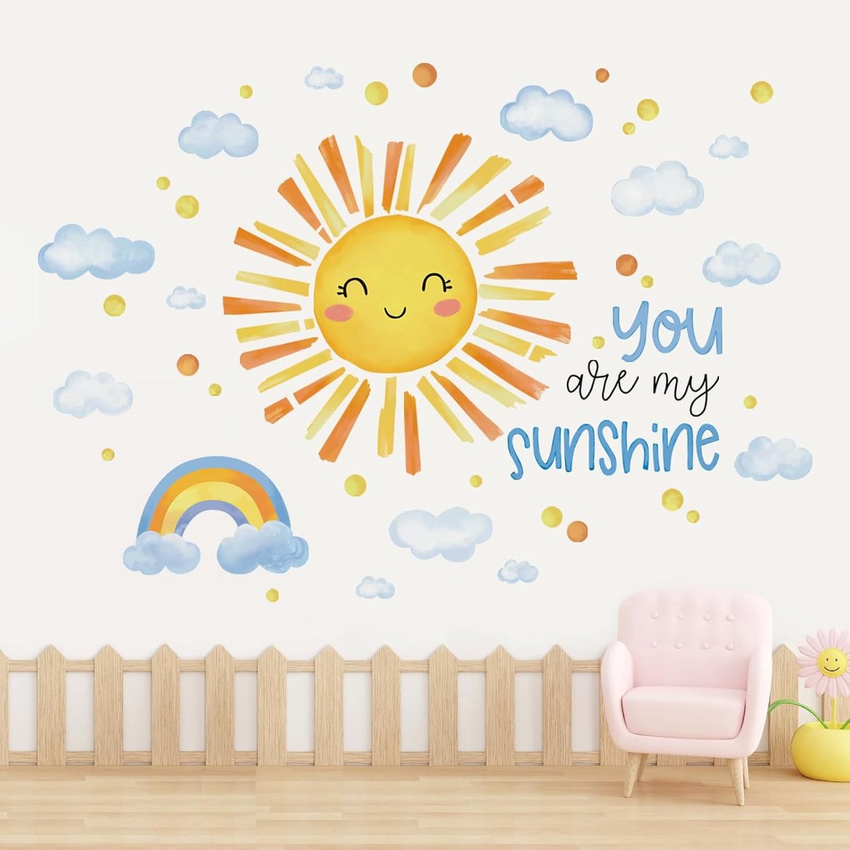 SnelShoppen - Watercolor Wanddecoratie Kinderen - Smiling Sun, Rainbow Cloud Wandstickers - Milieu-vriendelijk Vinyl, Peel Off Stickers voor Babykamer