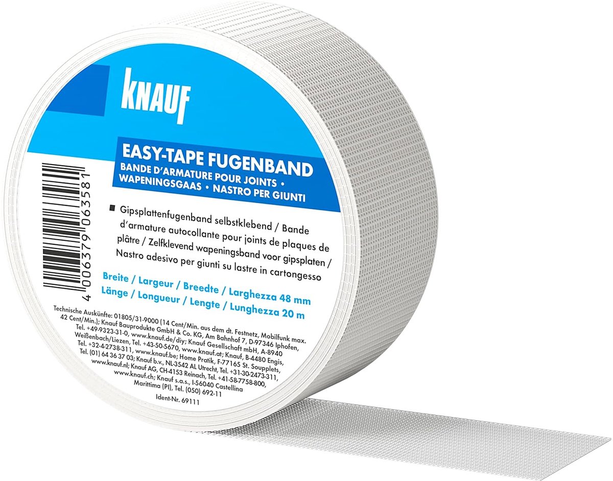 SnelShoppen - Knauf EASY-TAPE Joint Tape voor Stabiliseren en Puttyen van Joints - 48 mm x 45 m - Hoogwaardige Fiberglas Plakstrip voor Gyproc en Gips