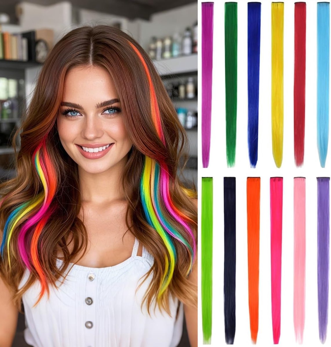 SnelShoppen - 12PCS Clip-on Haar Extensions Multi-kleur 22 Inch - Hittebestendig Synthetisch Haar voor Vrouwen en Meisjes - Perfect voor Cosplay en Fe