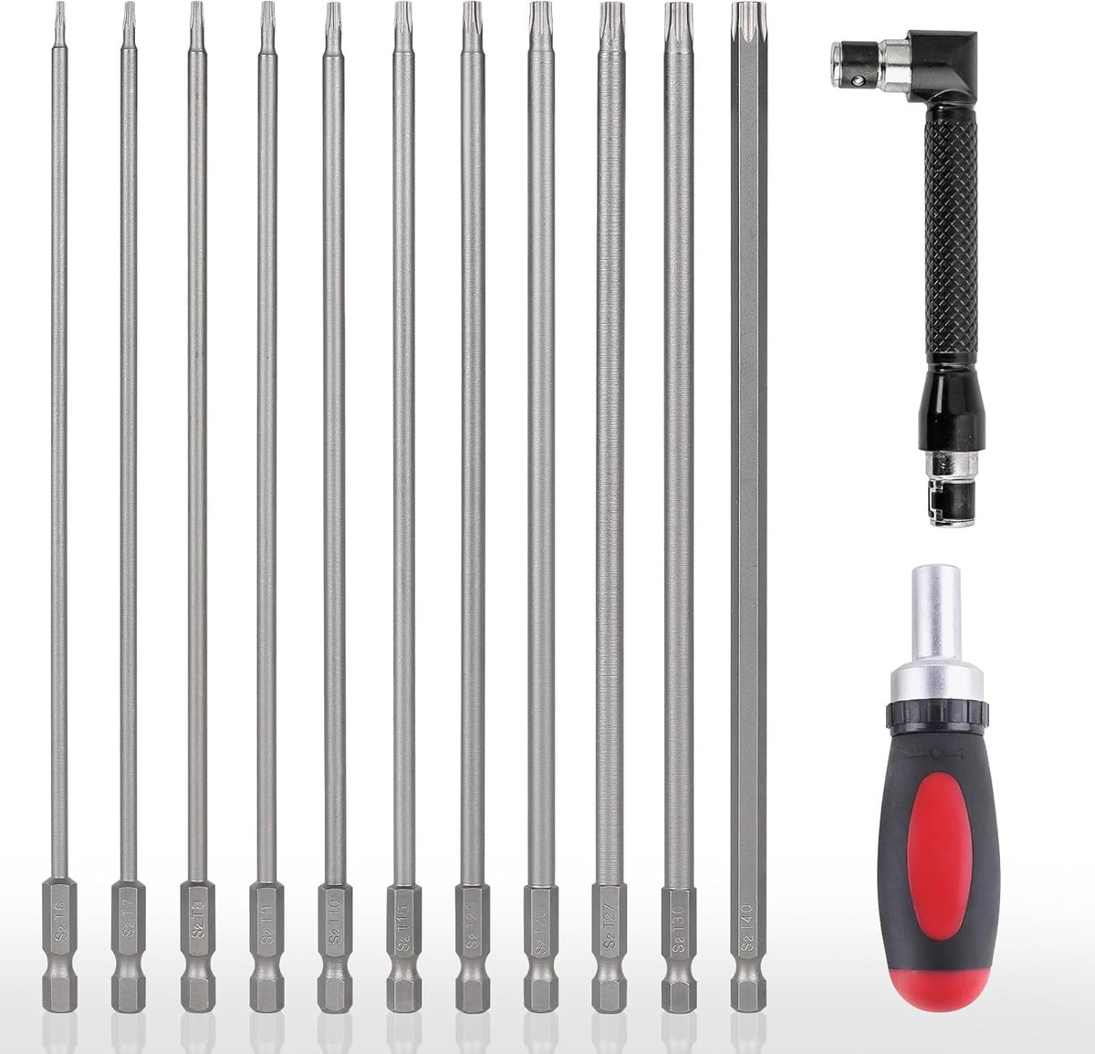SnelShoppen - 11 x 200 mm Torx Bits Set met 2 Schroevendraaiers, T6-T40, S2 Staal, Magnetisch, Duurzaam en Schokbestendig - Ideaal voor Klussen en Rep
