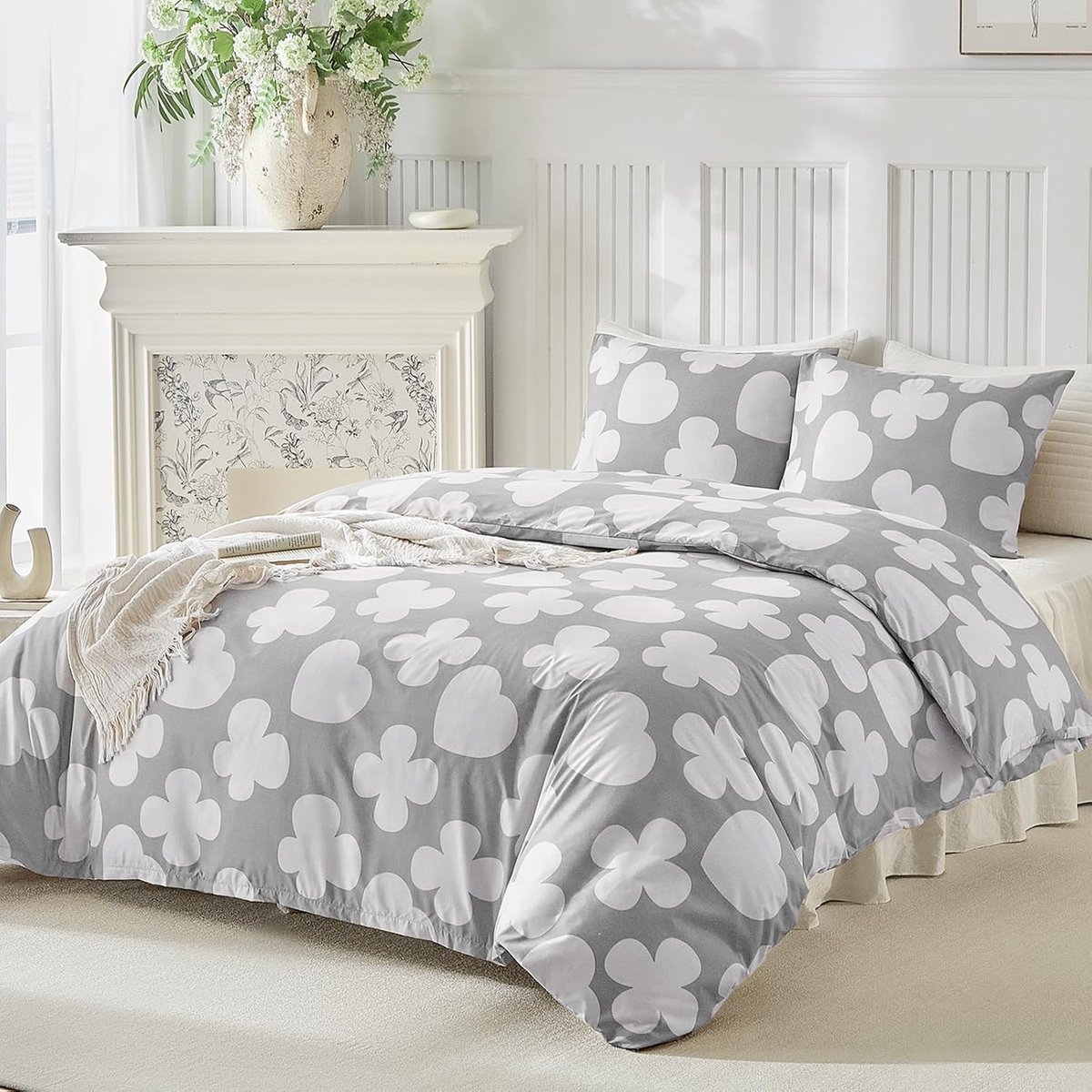 SnelShoppen - Dekbedovertrek 220 x 240 cm met 2 Kussenslopen 65 x 65 cm, Lentevlinders en Harten, 100% Microvezel, Beddengoedset voor Volwassenen, Rit