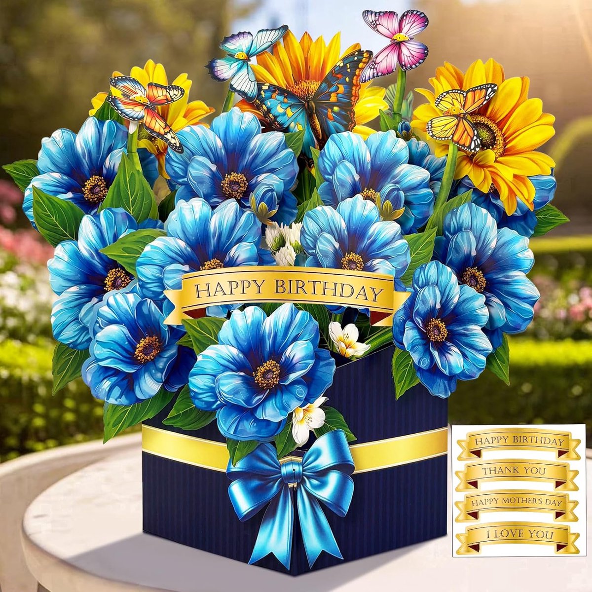 SnelShoppen - 3D verjaardagskaart met blauwe bloemen, pop-up kaart voor vrouw, DIY stickers, envelop, cadeau voor vriendin, familie, collega, verjaard
