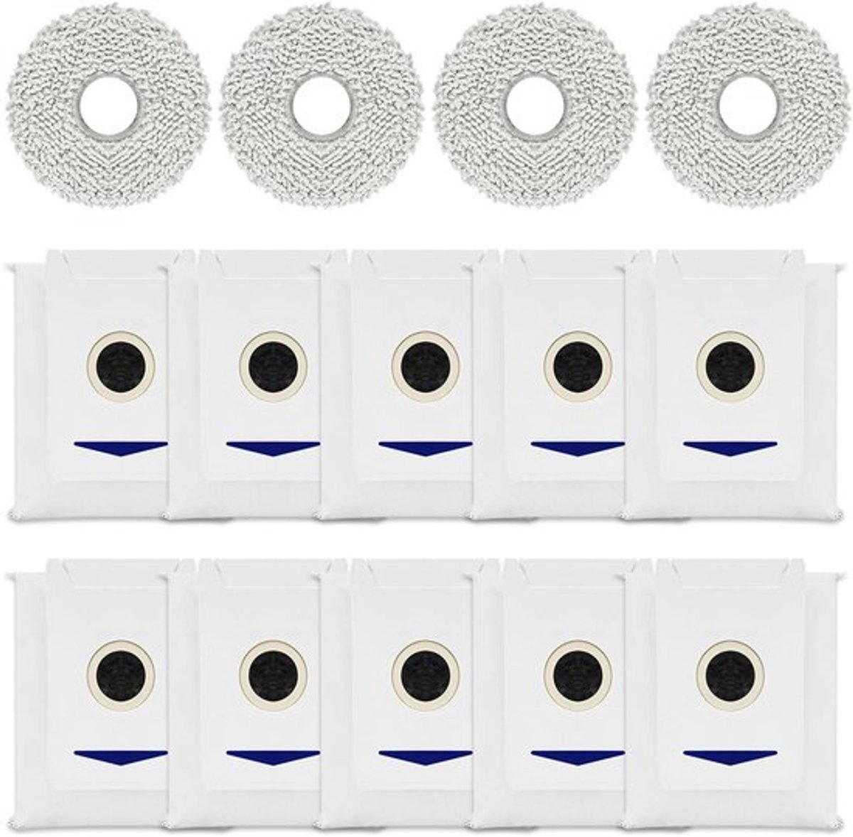 Accessoireset 14-delig - Stofzuigerzakken 10 stuks - Reinigingsdoeken 4 stuks - Geschikt voor Ecovacs Deebot T30 Omni/T30 Pro Omni - Herbruikbaar en wasbaar - Uitstekende waterabsorptie - Stofzuigeraccessoires