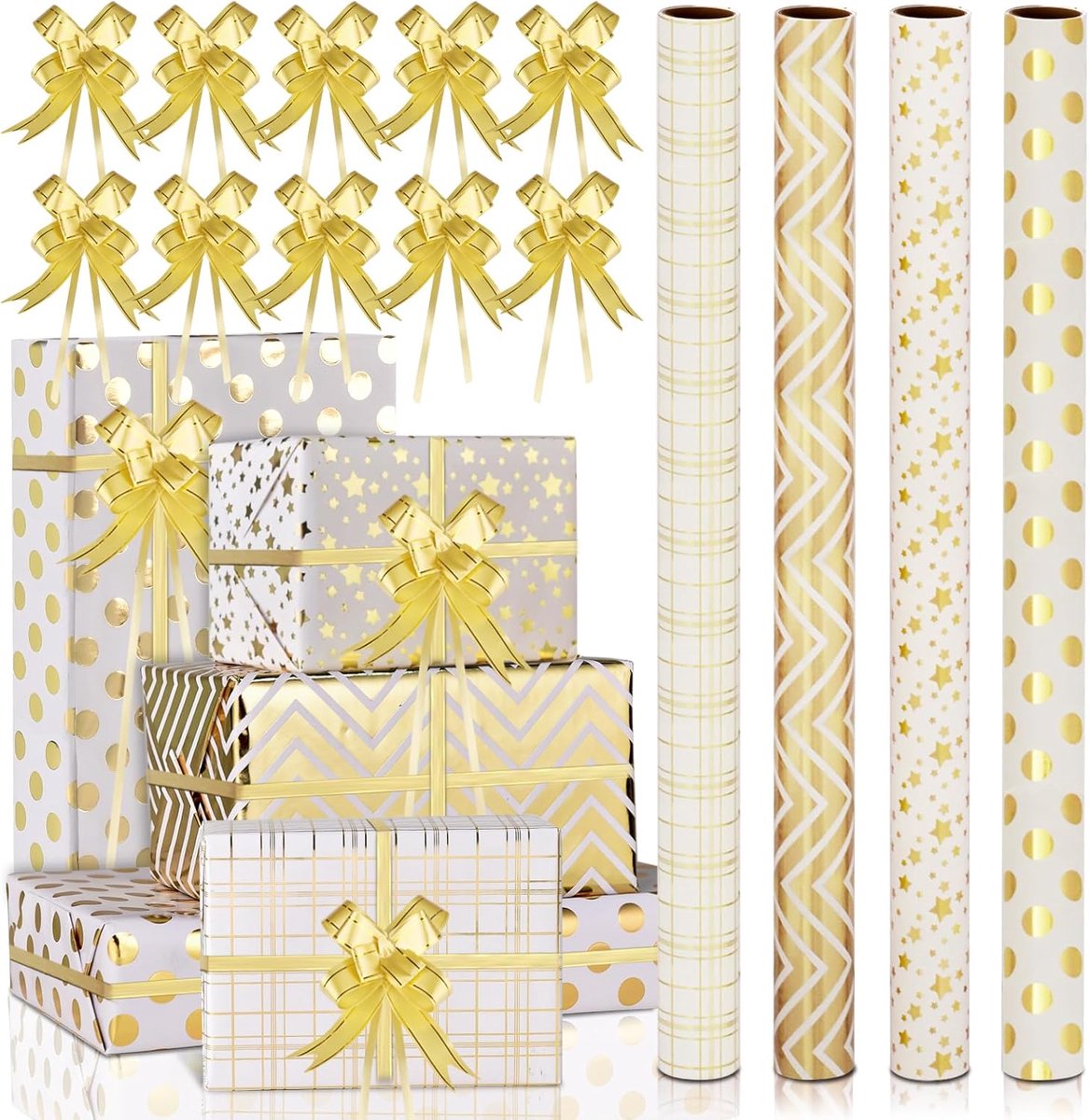 SnelShoppen - Metallic Cadeaupapier Set 4 Rollen 43cm x 3m met 10 Stuks Ribbons - Goud Kerst Verpakking voor Verjaardagen, Bruiloften, Nieuwjaar, Grad
