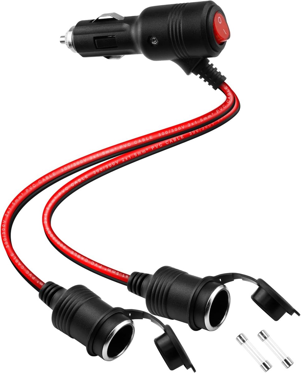 SnelShoppen - 12V 24V Sigarettenaansteker Splitter - 1 naar 2 Auto Sigarettenaansteker Kabel - Dubbele Aansluiting met Aan/Uit Schakelaar - 18AWG 15A