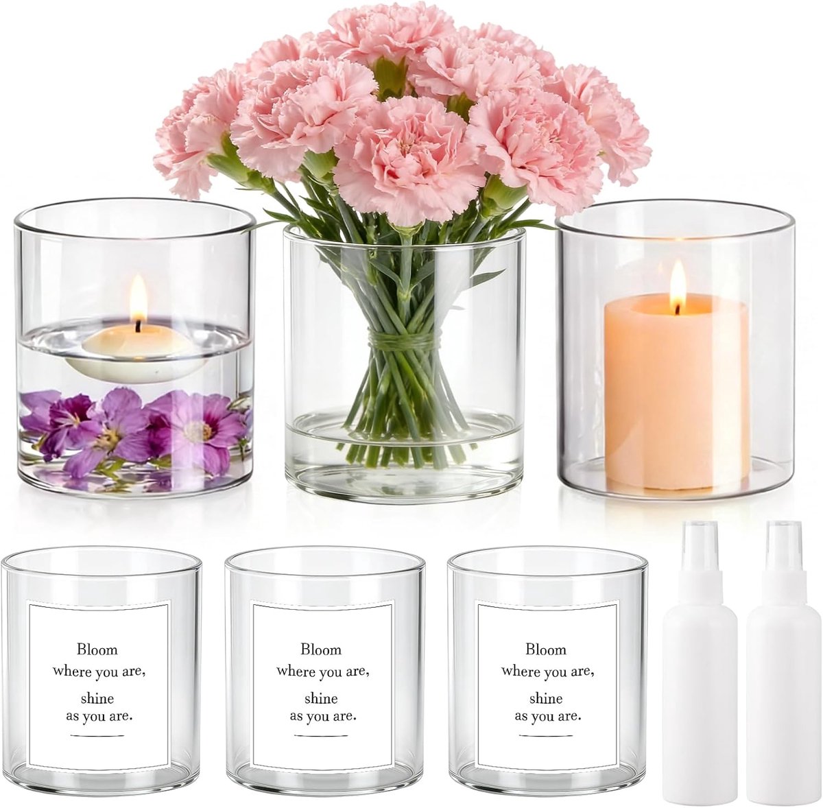 SnelShoppen - Pack van 6 Cilindrische Glazen Vazen 10 x 8.5 cm, Transparante Glas Vaas, Grote Kaarsenhouder, Ronde Bloemenvase met Stickers en 100 ml