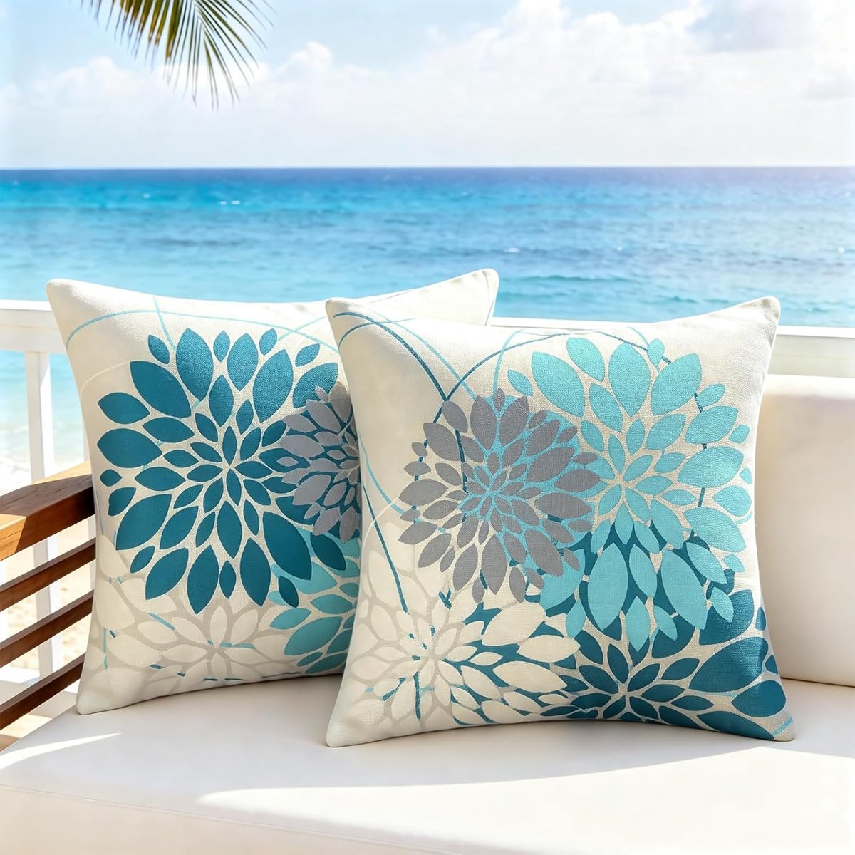 SnelShoppen - Decoratieve Zomer Kussenhoezen 50 x 50 cm Waterproof Blauw Dahlia Modern Buiten Tuinset van 2 - Ideaal voor Woonkamer, Patio en Balkon