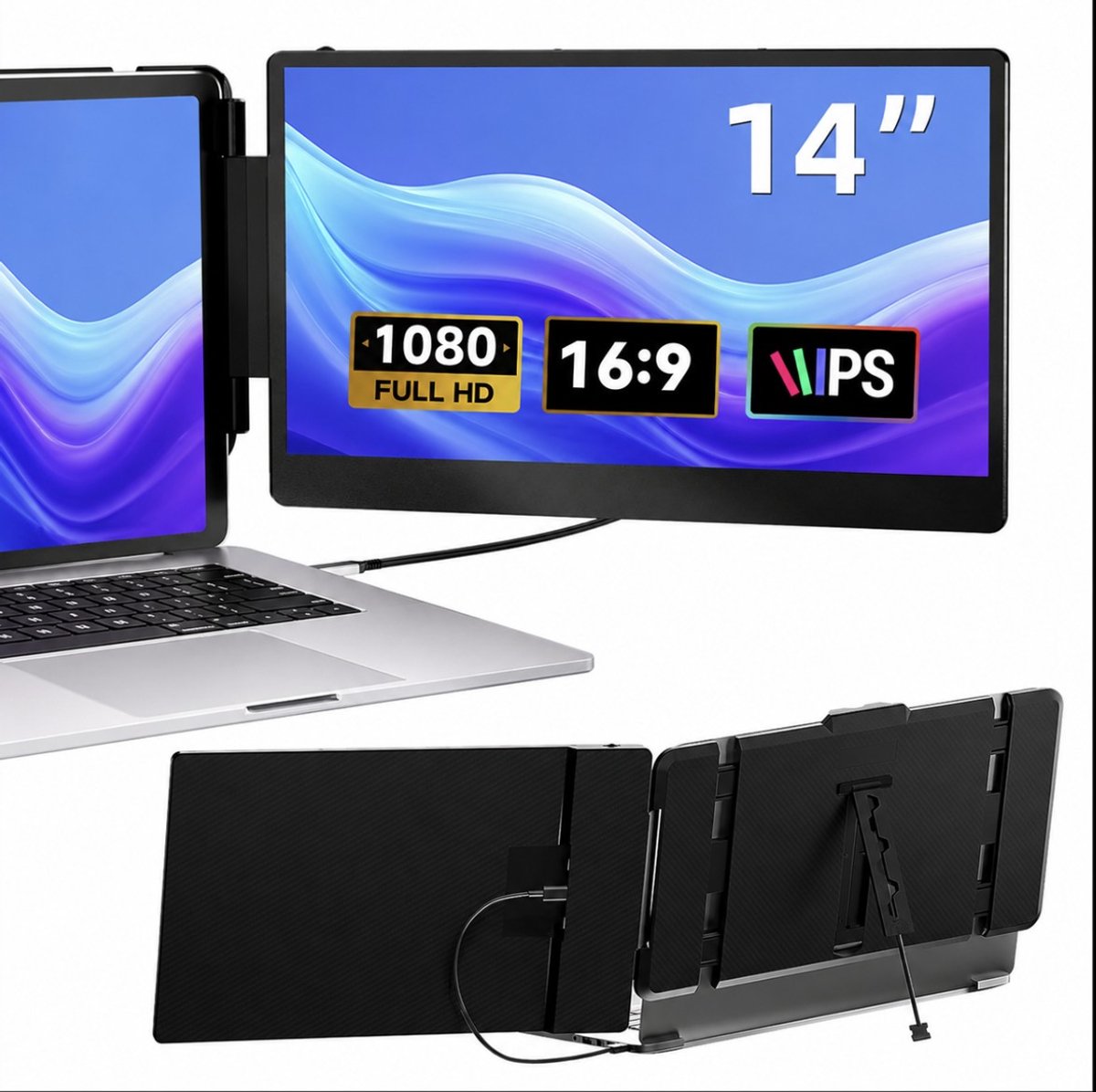 BSS® Professionele Portable Monitor 14 Inch - USB-C & HDMI - Full HD IPS - Draagbare Laptop Monitor - Tweede Scherm - Plug & Play - Zwart